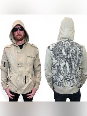 Y2K 2006 Dragonfly Graphic-Back Beige Hooded Shirt Jacket